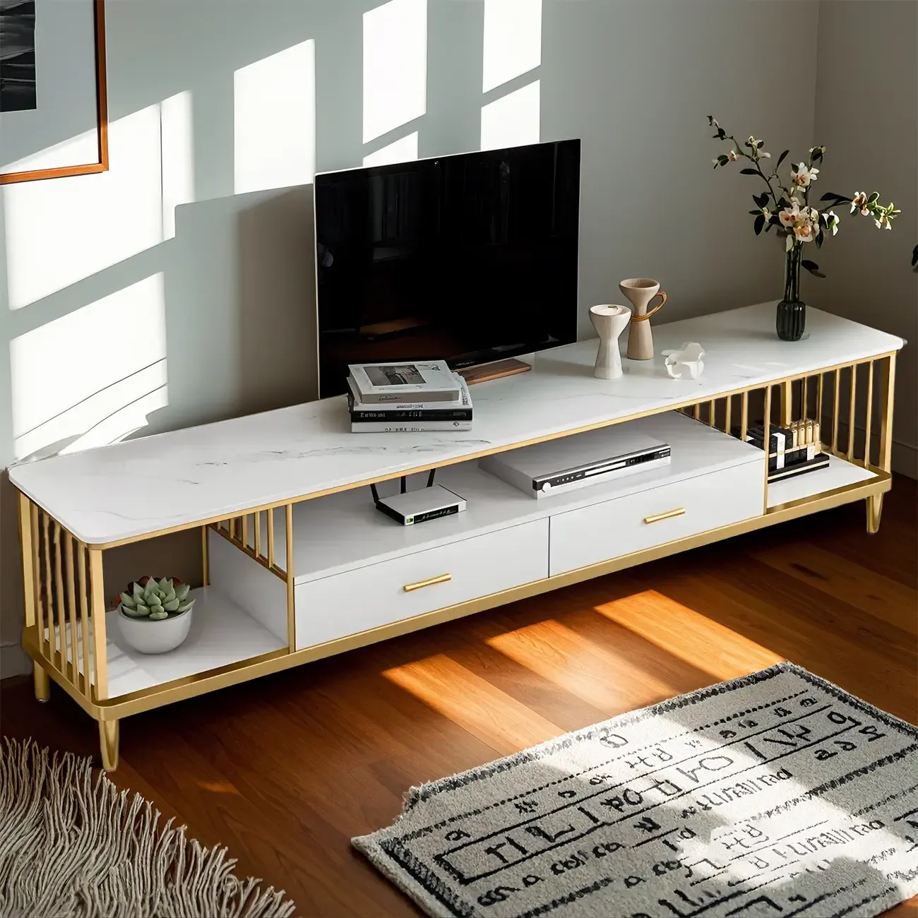 Luxury White Metal Frame Open Storage TV Stand with Drawers
