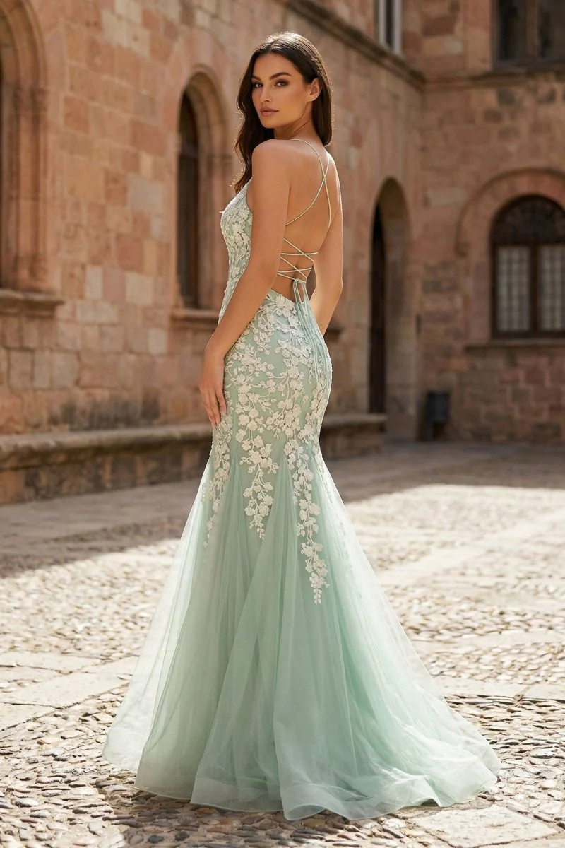 Sage Green Spaghetti Straps Mermaid Prom Dress With Appliques