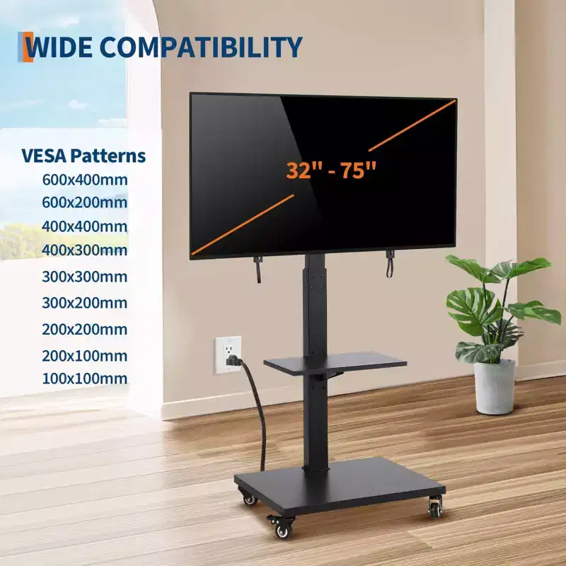 Rolling TV Stand with Power Outlet C Tilt & Swivel Mobile TV Cart on Wheels for 32-75 Inch TVs up to 120 Lbs, Height Adjustable