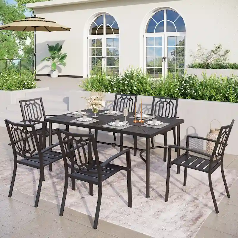 MAISON ARTS 7 PCS Outdoor Patio Dining Set, 6 Steel Combo Dining Chairs and Metal Table with Umbrella Hole