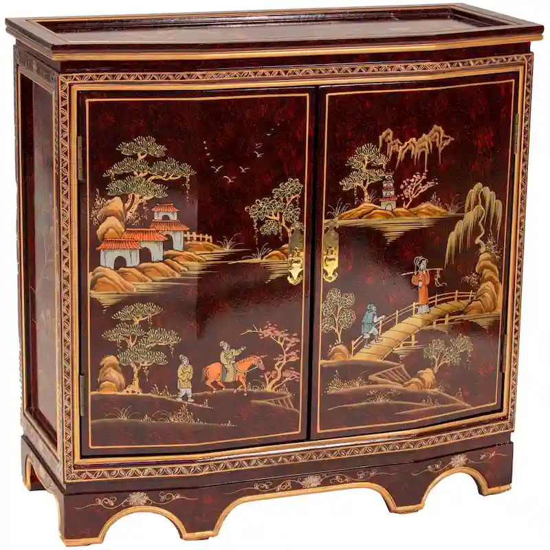Red Lacquer Slant Sideboard, Hand-Painted Landscape, 2 Doors