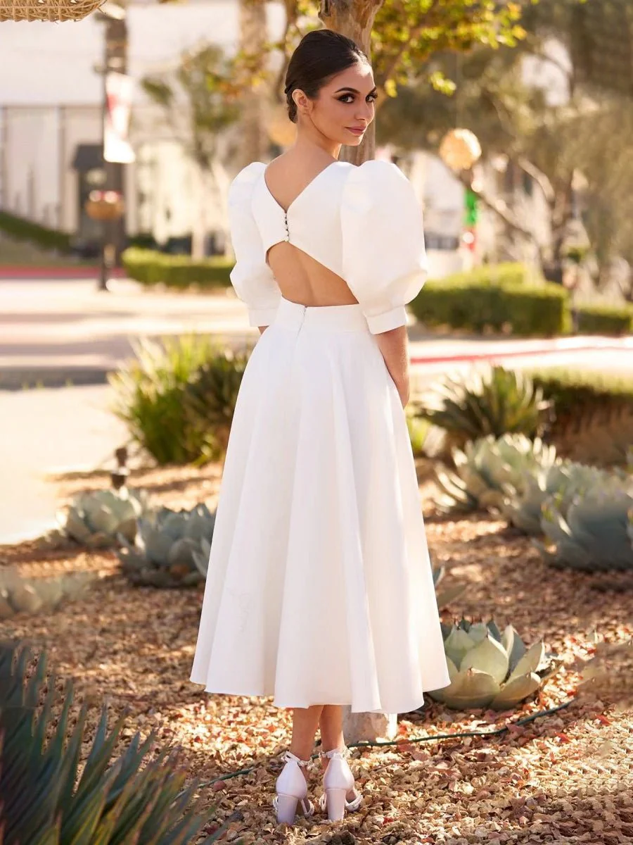 Elegant Bateau A Line Satin Knee-length Wedding Dress