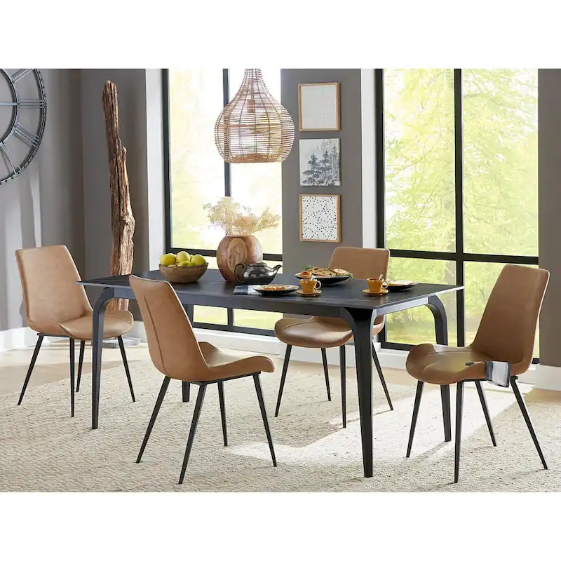 Upholstered Dining Chair in Buckskin Synthetic Leather with Black Frame