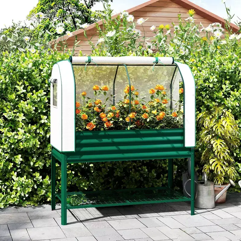Outsunny Galvanised Raised Garden Bed with Greenhouse Cover, Metal Elevated Garden Bed with Bed Liner and Bottom Shelf