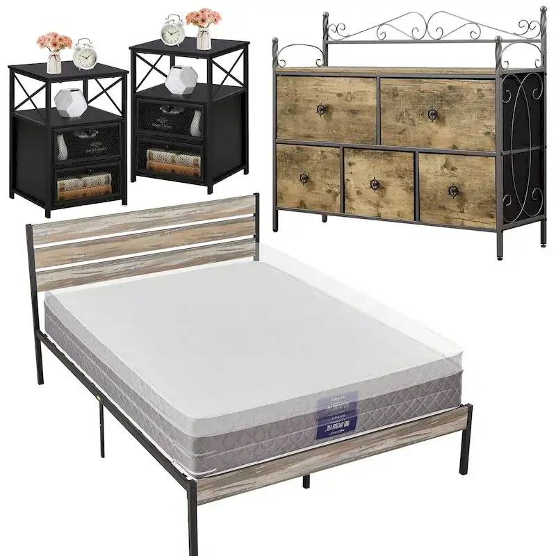 4-Pieces Bedroom Set with Drawer and Nightstands Set of 2, 5-Drawer Dresser, Brown/Grey Set