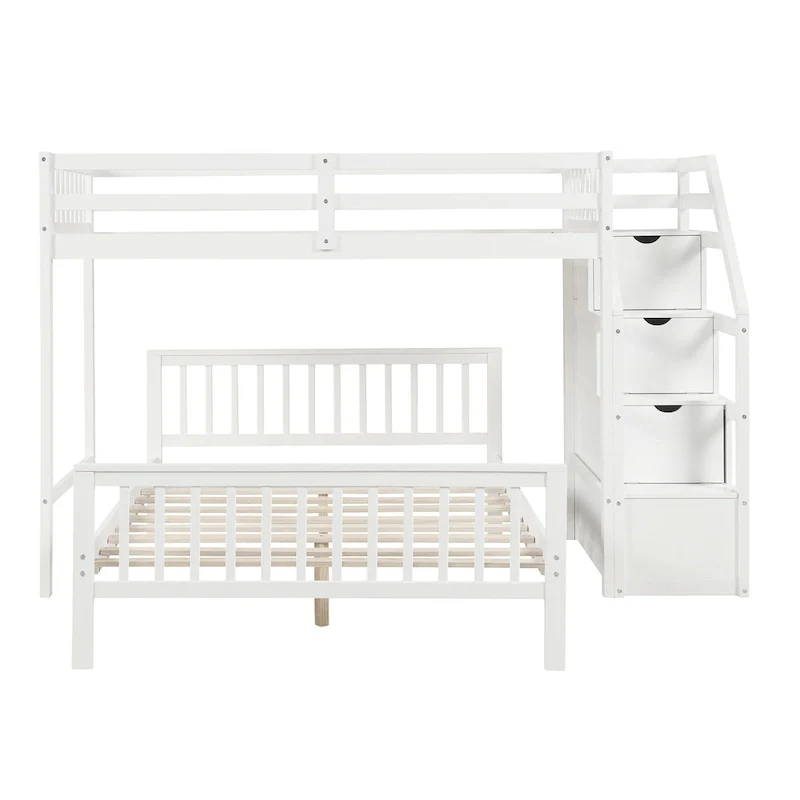 Twin Over Full Wood Loft Bed with Staircase,High Guardrails and Ladder