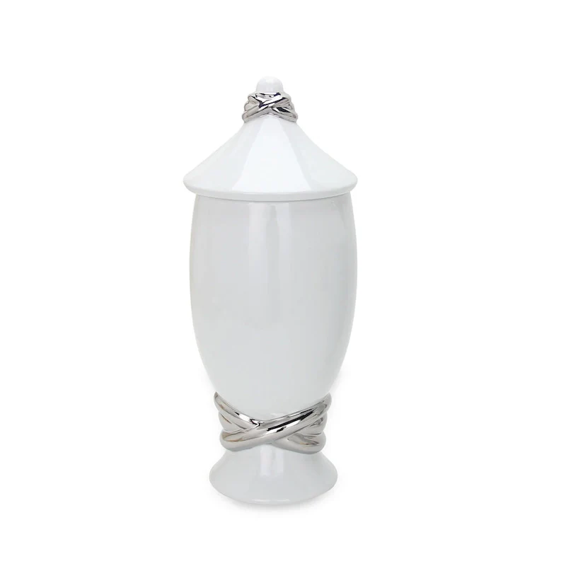 13  White and Silver Abstract Oval Ceramic Ginger Jar