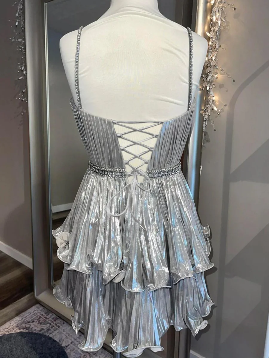 Silver - A Line Metallic Tiered Ruffles Cut Out Short Homecoming Dresses