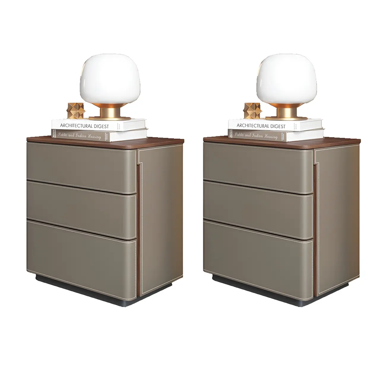 Modern Faux Leather Wood Top Drawers Nightstand