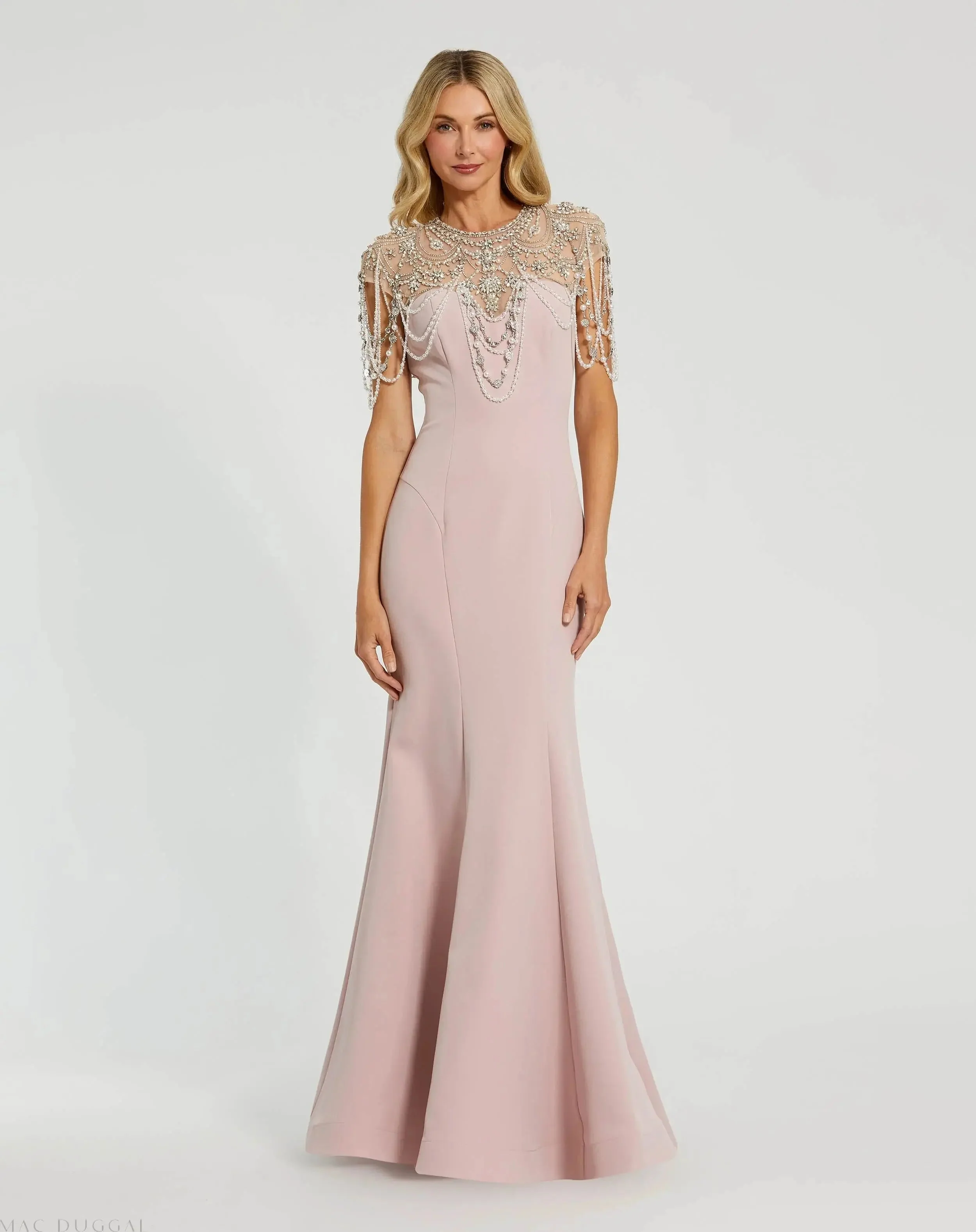 Draped Pearl Beaded Mermaid Gown
