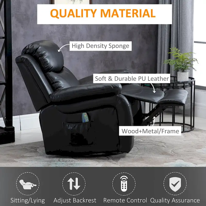 PU Leather Massage Recliner Chair, Swivel Rocker with Remote Control