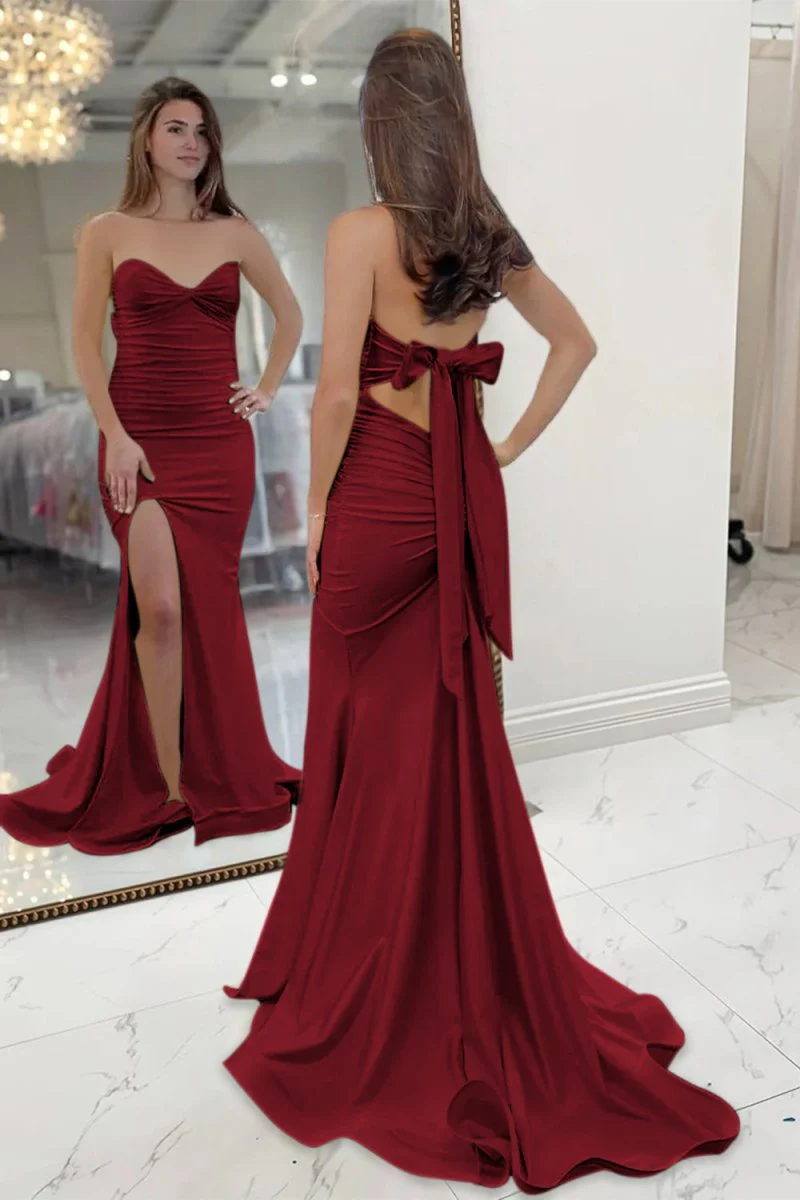 Yellow Strapless Sheath Satin Long Prom Dresses With Slit