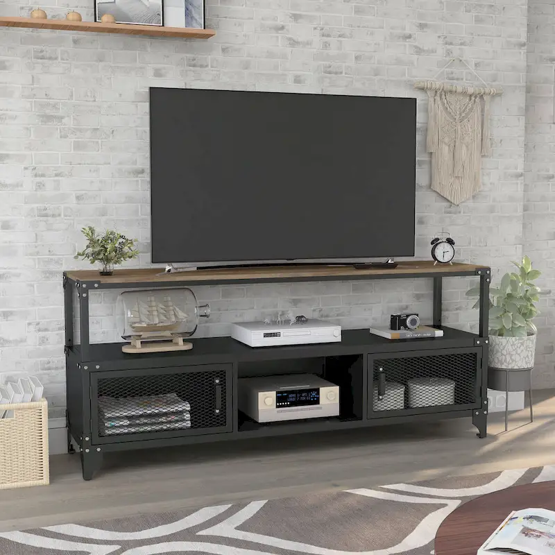 Conner Rustic Black and Dark Walnut 70-inch Steel 2-Shelf TV Console by Furniture of America