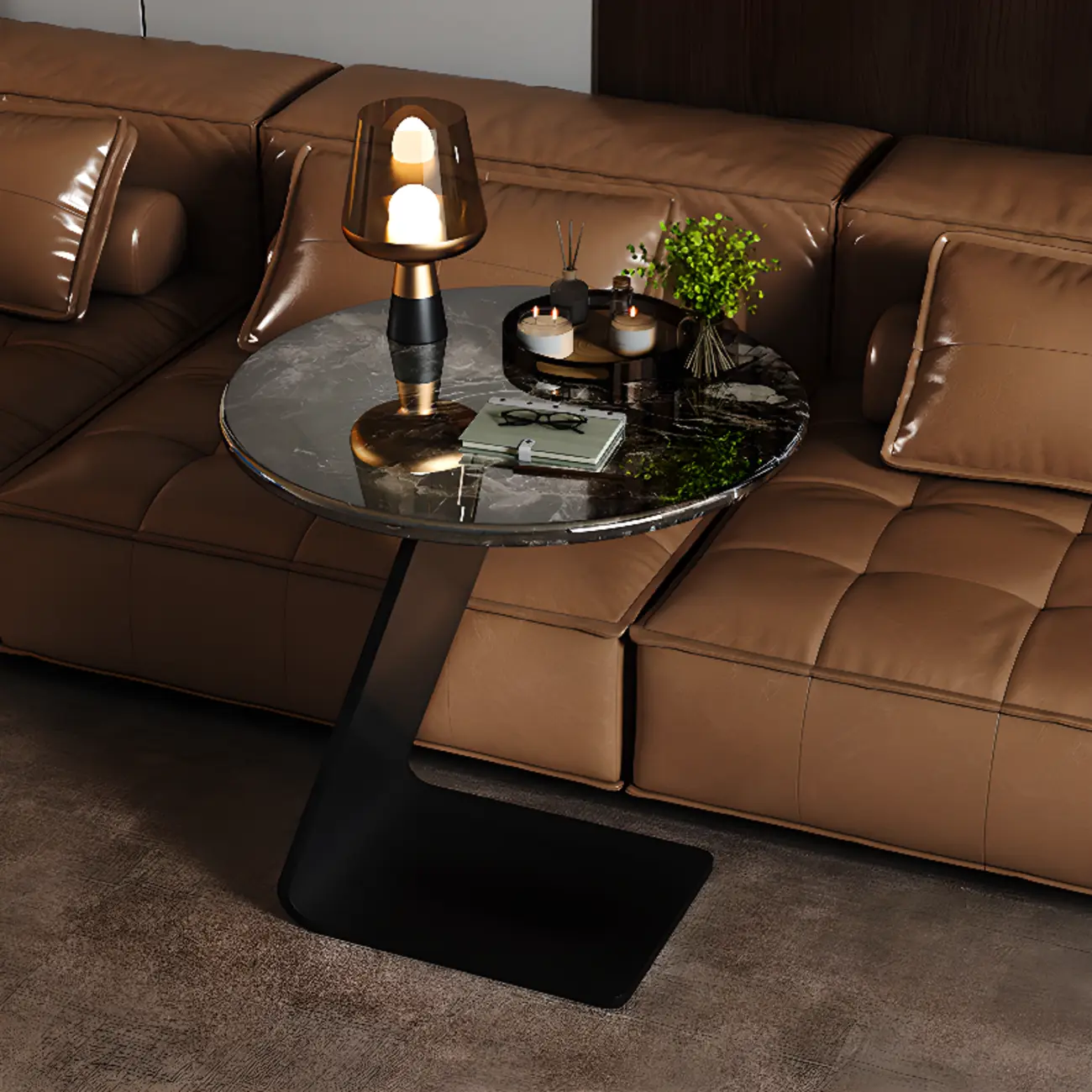 Black C-shaped Round Marble Top Living Room Side Table