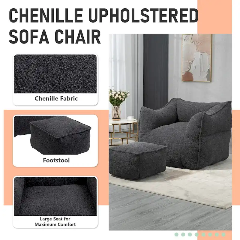 Boucle Upholstered Deep Seat Armless Square Bean Bag Chair with Ottoman