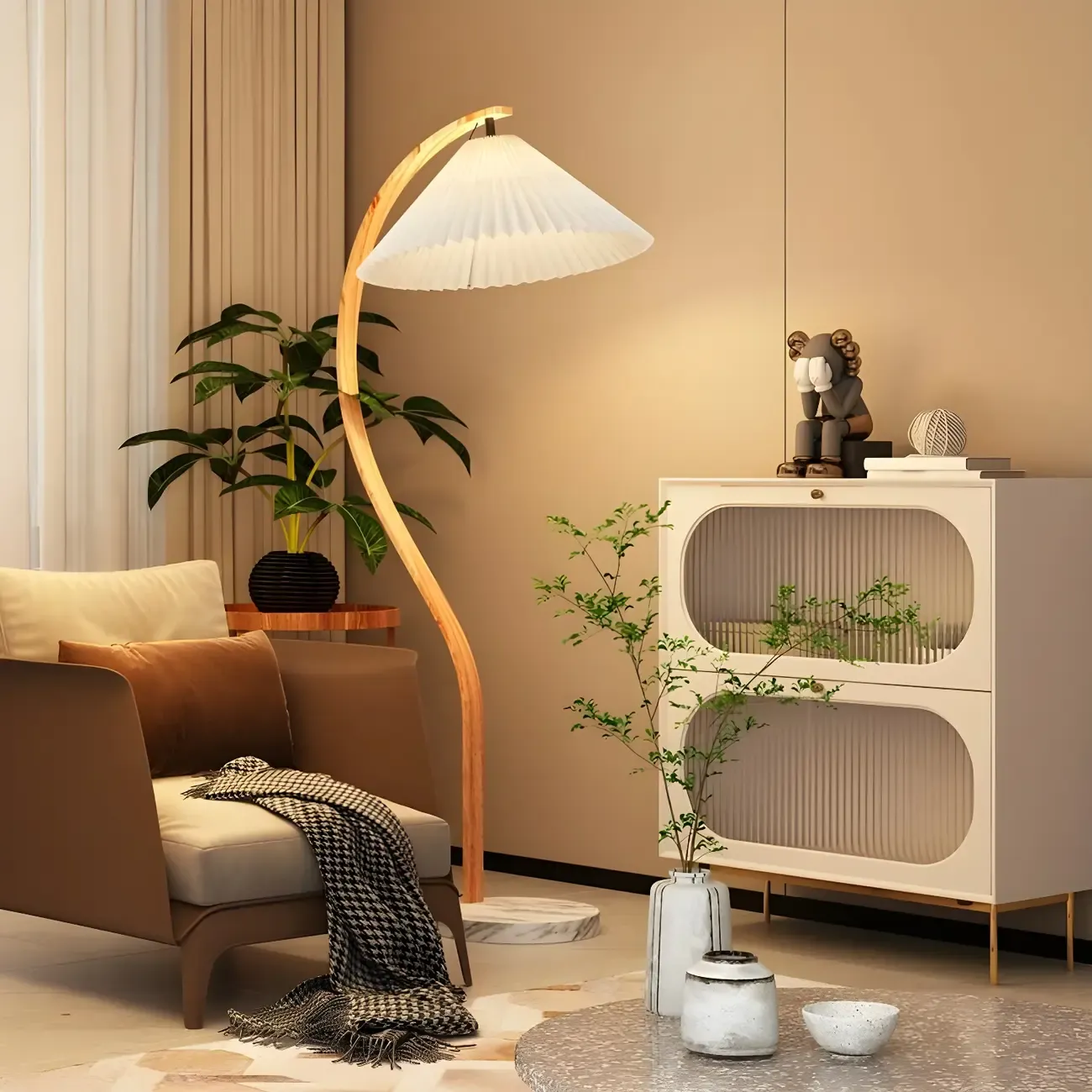 Modern Arc Floor Lamp with Pleated Cone Shade for Living Room