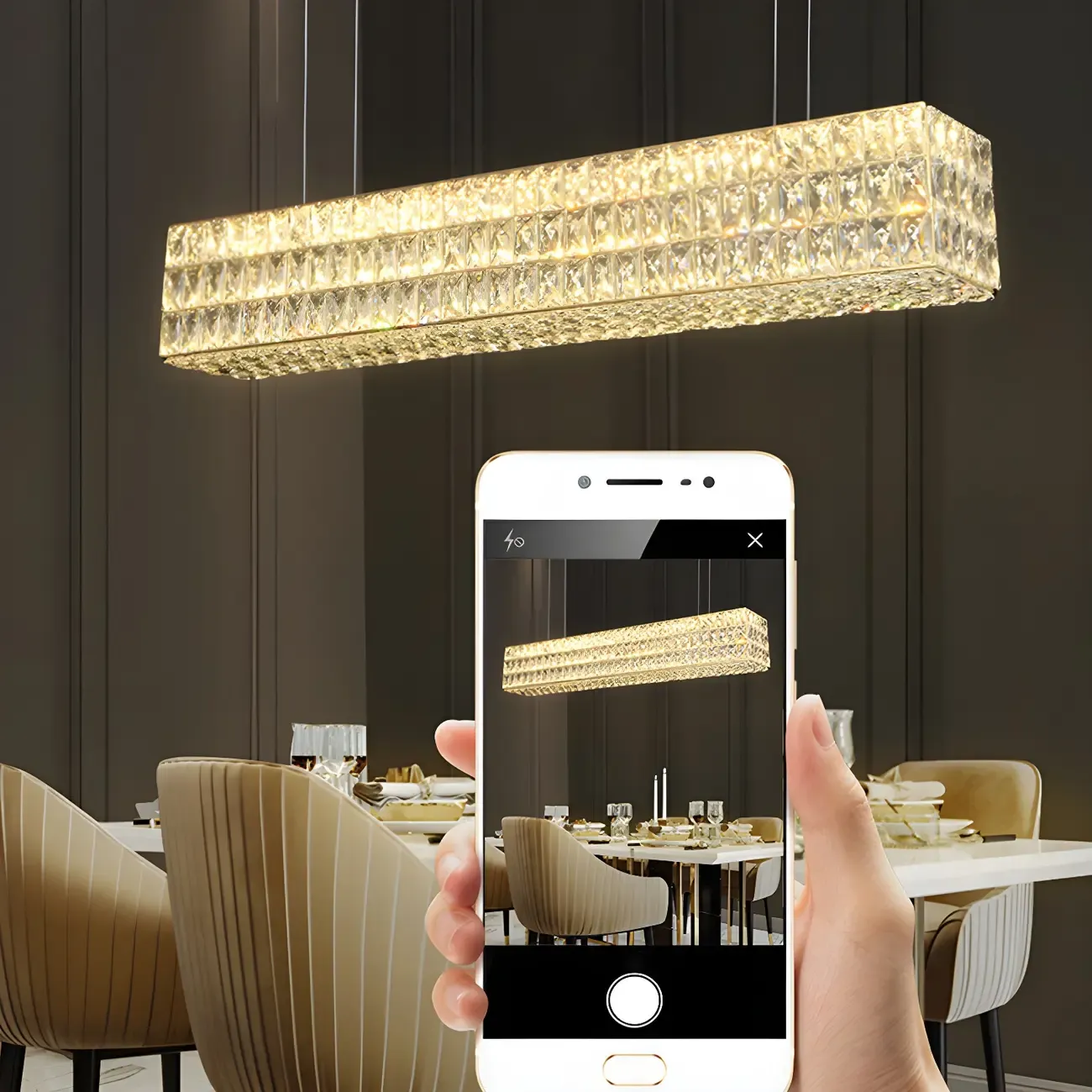 Modern Crystal Steel Rectangular Island Light