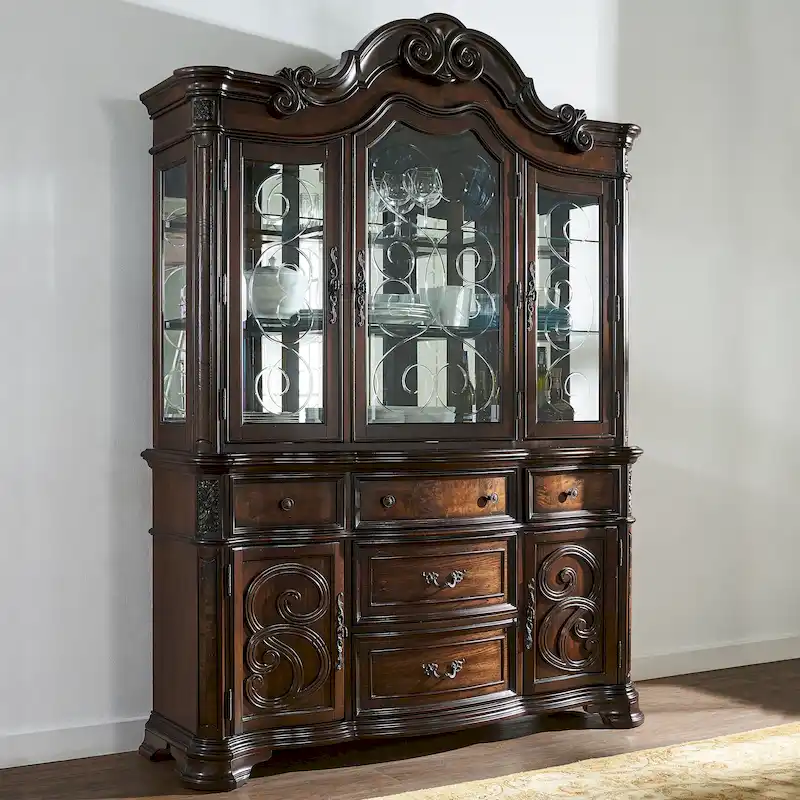 Traditional Hardwood Dining with Double Pedestal Table & Carved Chairs – Pecan, Seats up to 10