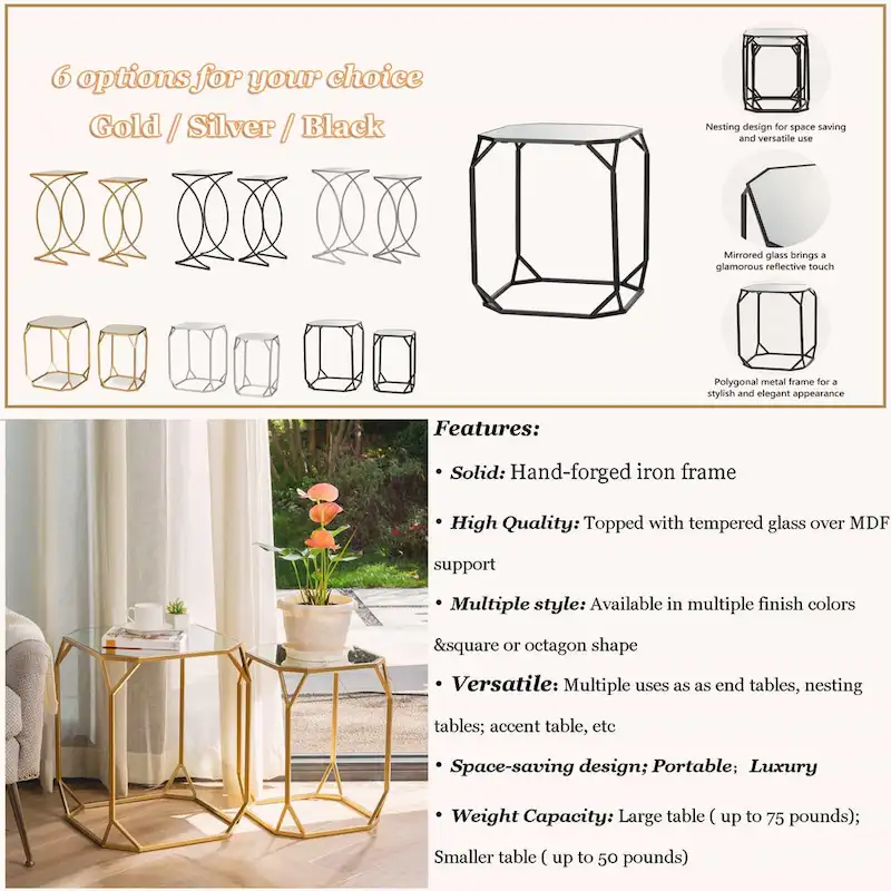 Glitzhome Set of 2 Glam Glass Modern Side Table Sofa Table