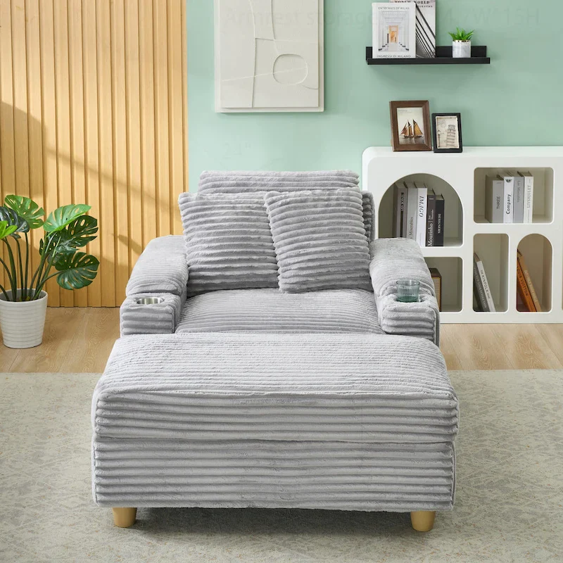 White / Green / Grey / Black Corduroy Sofa with Storage Armrests & Ottoman, 1-Person