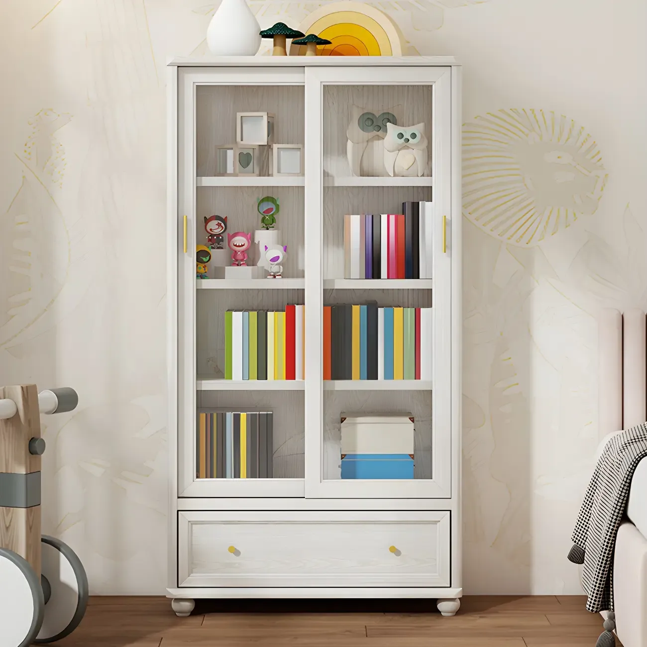 2-Drawer White Wooden Adjustable Shelves bookcases