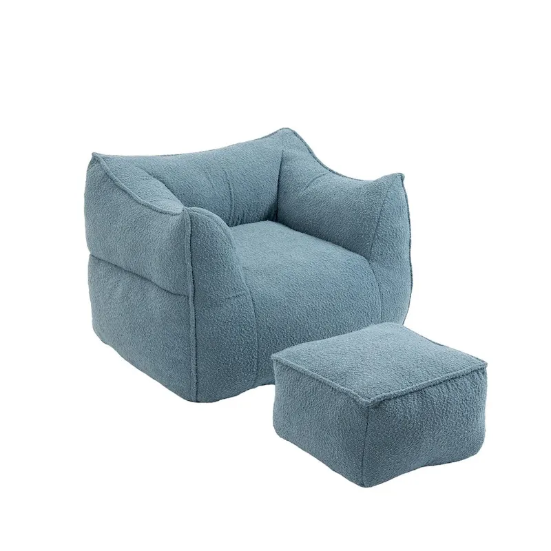 Boucle Upholstered Deep Seat Armless Square Bean Bag Chair with Ottoman