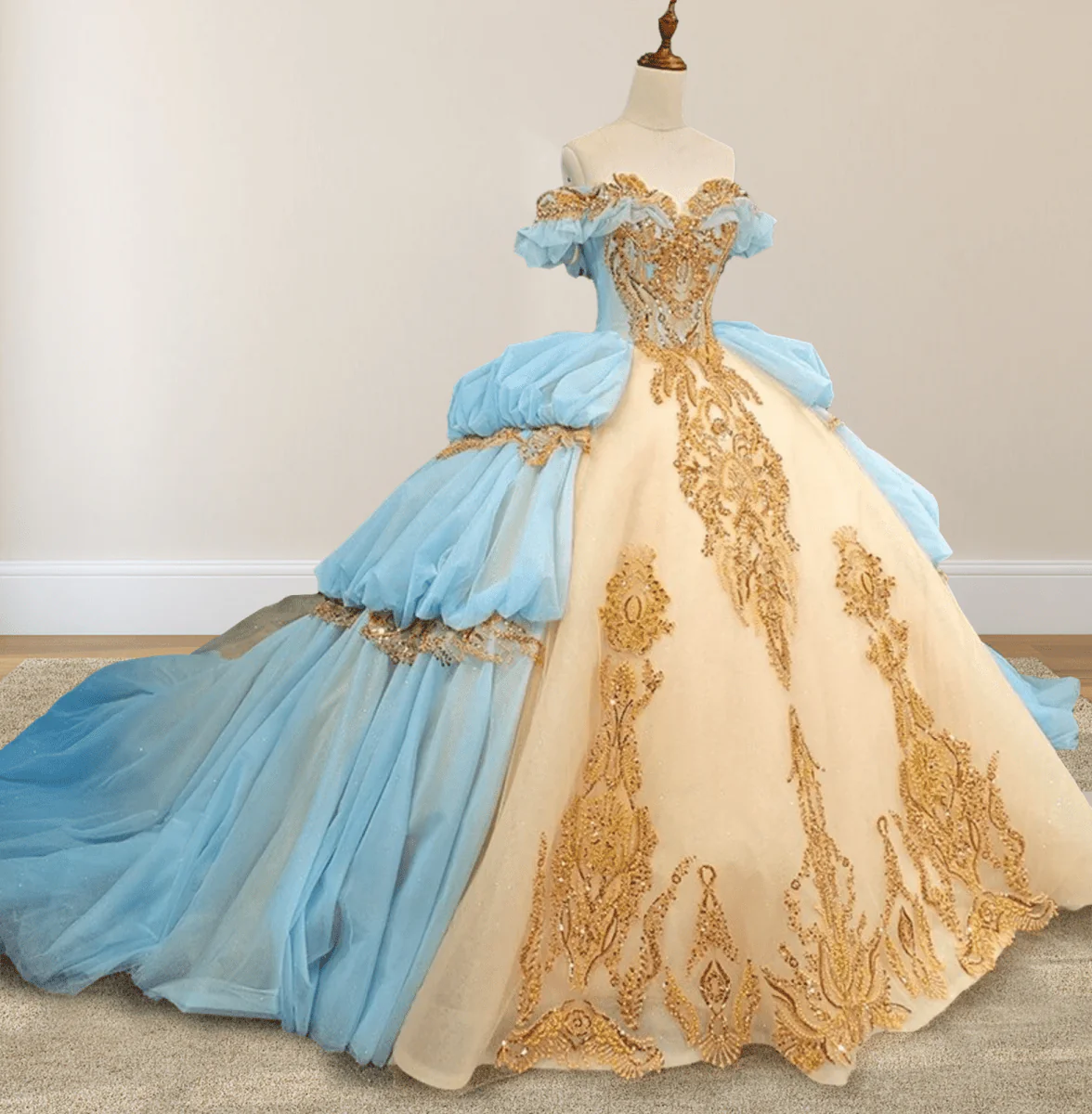 Gold Appliqued Double Colored Corset Back Quinceañera Dress