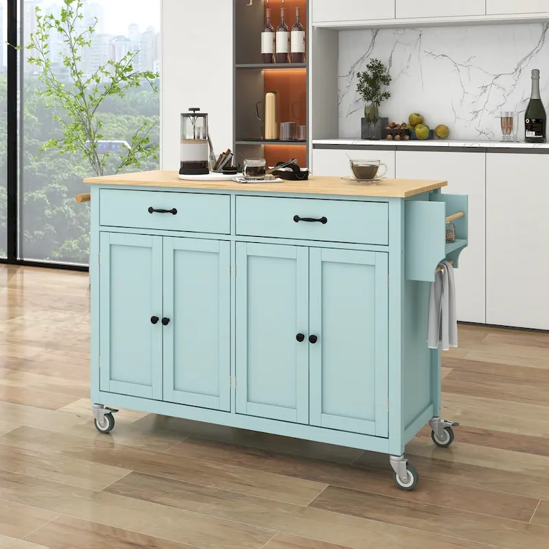 Kitchen Island Cart with 4 Door Cabinet and Two Drawers and 2 Locking Wheels - Solid Wood Top