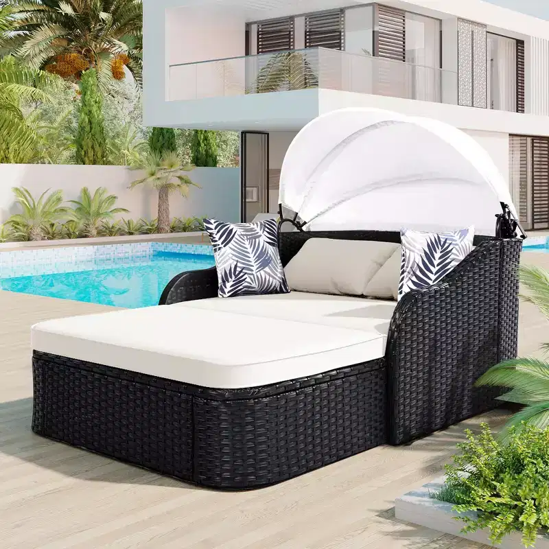 CLIHOME Outdoor Sunbed with Adjustable Canopy, Double Lounge, PE Rattan Daybed, Black Wicker and Cushion