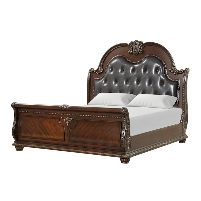 Cherry Wood Traditional Sleigh Bed with Carved Headboard and Footboard (King)