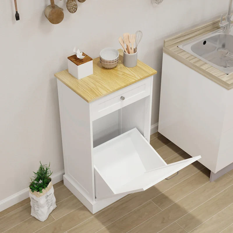 White Tilt-Out Trash Cabinet with Drawer - Single Compartment for Kitchen
