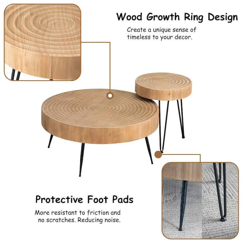Rustic Cylindrical Wood Veneer Coffee Table – Natural / White / Light Red & Natural