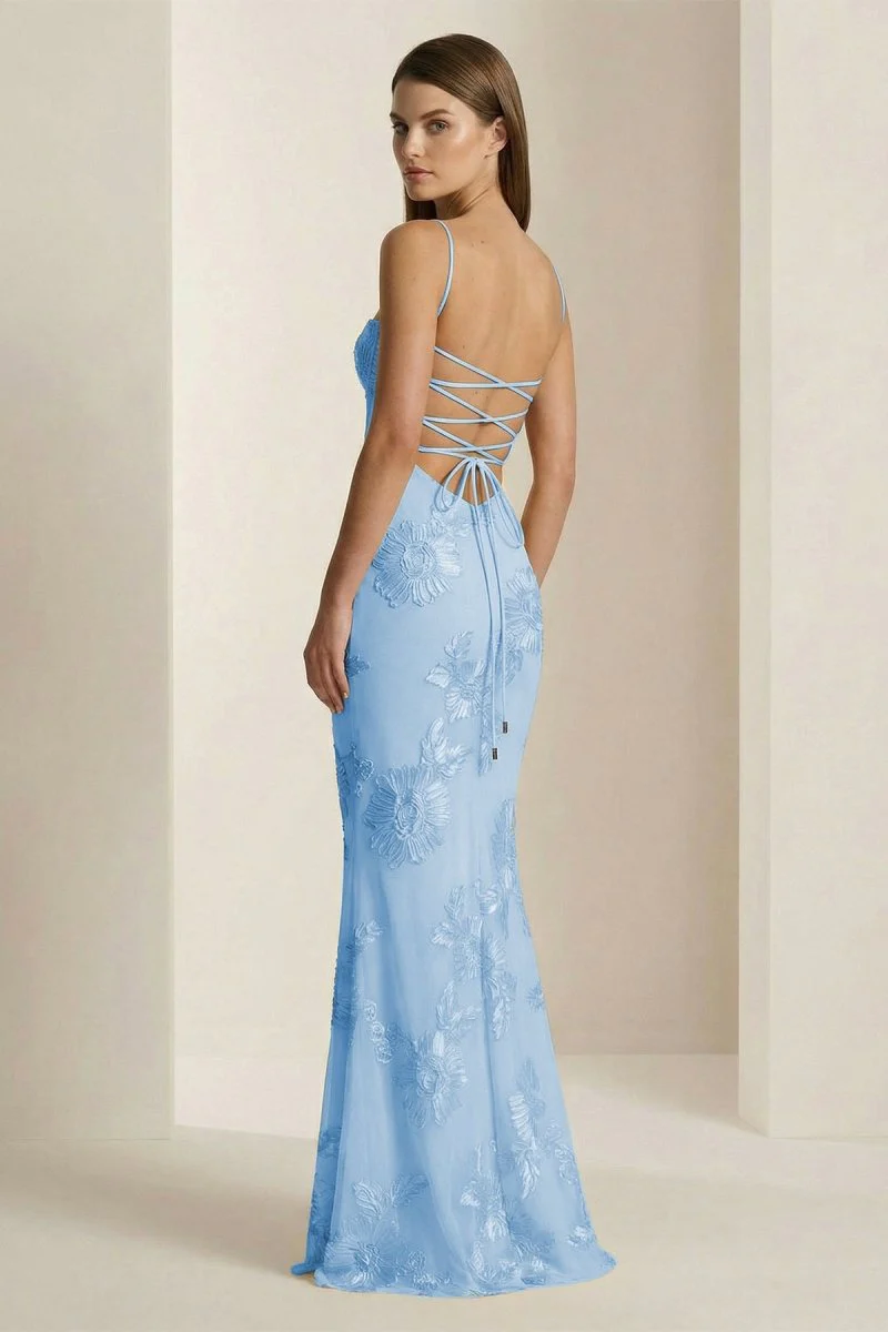 Yellow Spaghetti Straps Sheath Long Prom Dresses With Floral Embroidery