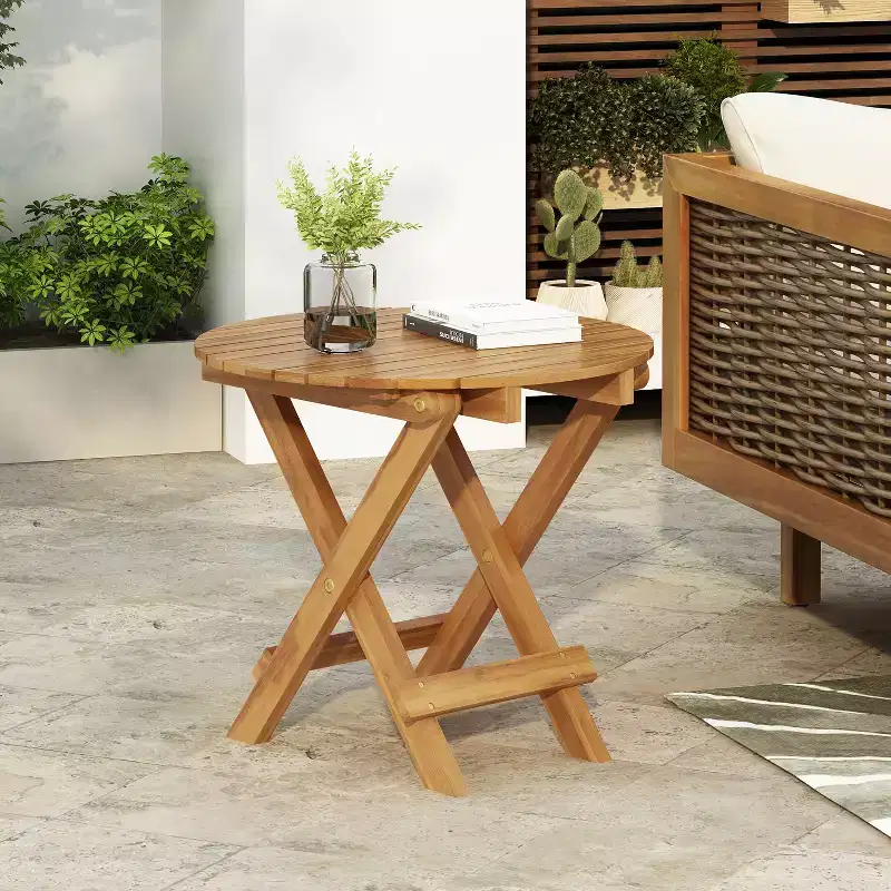 MAYEERTY 1 Pack Foldable Wood Outdoor Side Table, Adjustable Length End Table for Patio, Small Space, Indoor Outdoor