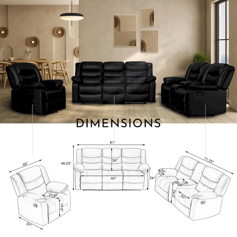 3 Piece Faux Leather Manual Reclining Livingroom Sofa Set with Dropdown Table and Console
