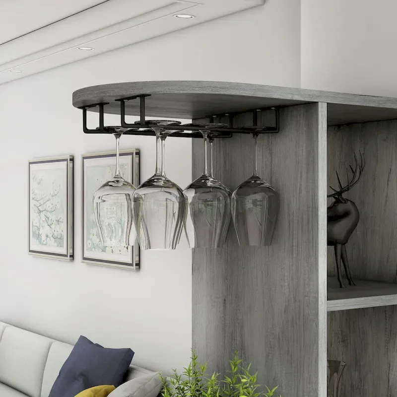 Bar Table, 6 Open Shelves, 7-Bottle Wine Rack, 2 Stemware Racks, 1 Drawer, Dual-Side Access, Particleboard, Vintage Gray Oak, 2-Person Use
