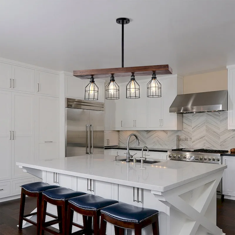 Malli Farmhouse Kitchen Island Chandelier Wood Grain Finish Metal Matte Black Lighting - Matte Black and Wood Grain