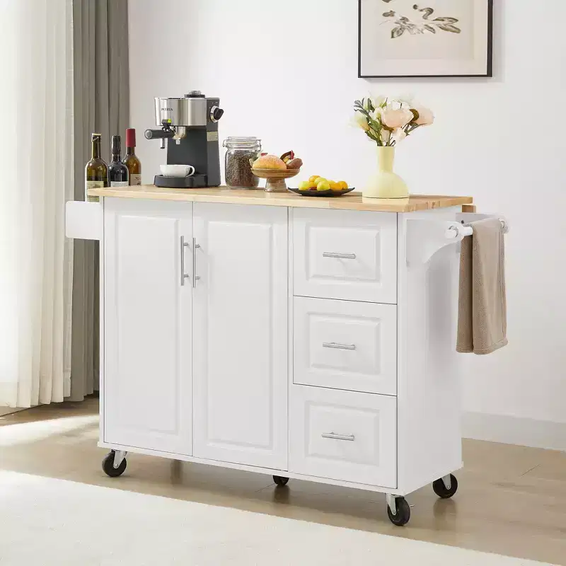 TUYOHW 53.78Inch Rolling Kitchen Island with Drop Leaf,Kitchen Cart with 2 Door Cabinet and 3 Drawers