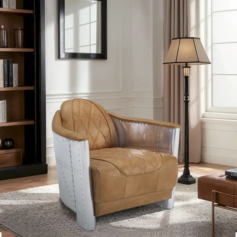 Industrial Retro Top Grain Leather & Aluminum Accent Chair
