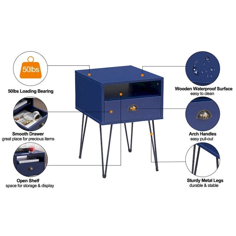 Modern Mid Century 1-Drawer Hairpin Nightstands, Brown/Blue/Black/Yellow, Four Options