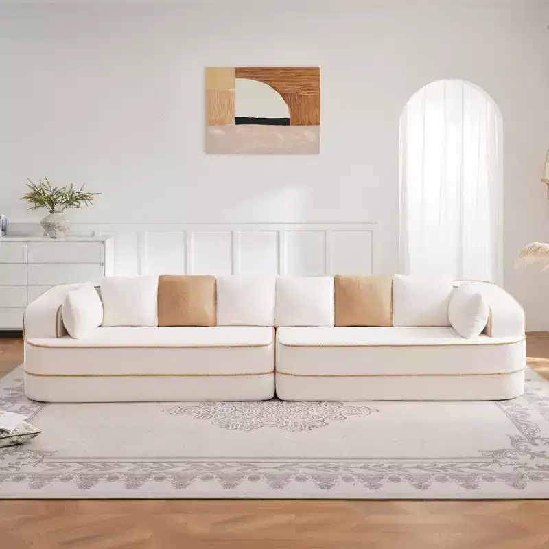 135 4-Seat Teddy Fabric No Assembly 32D High Density sponge Boneless Sofa Fluffy Comfy Couch,Oversize sofa for Living Room,White