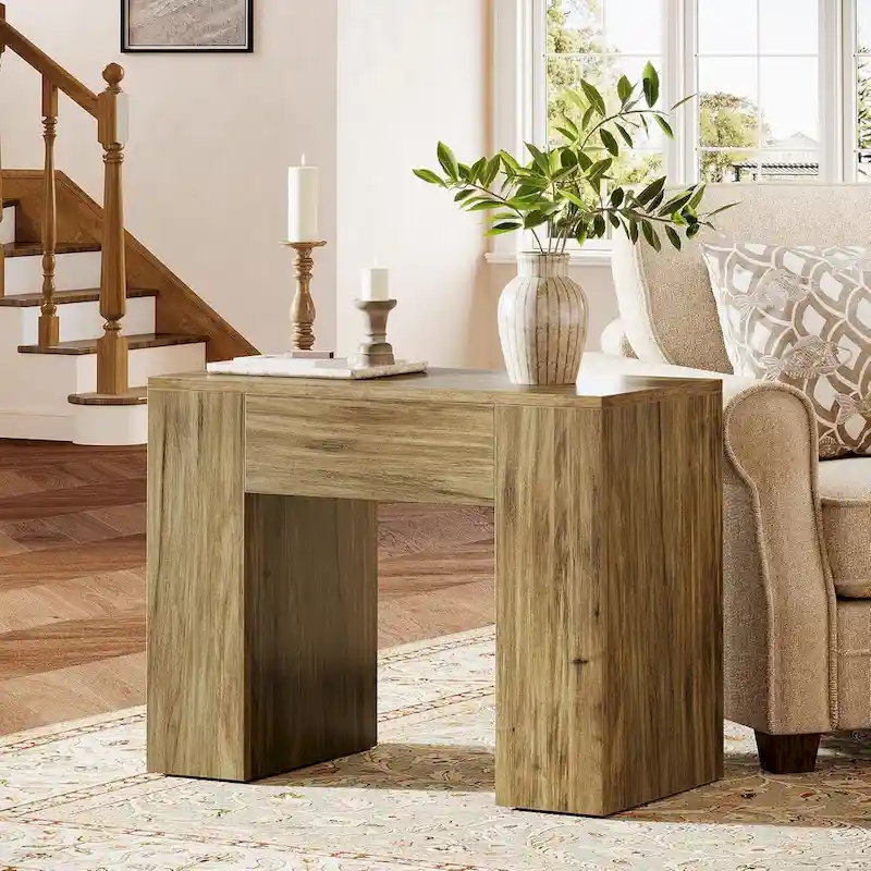 31.5  Farmhouse End Side Table, Mid-Century Modern Sofa Side Table with Wooden Pedestal