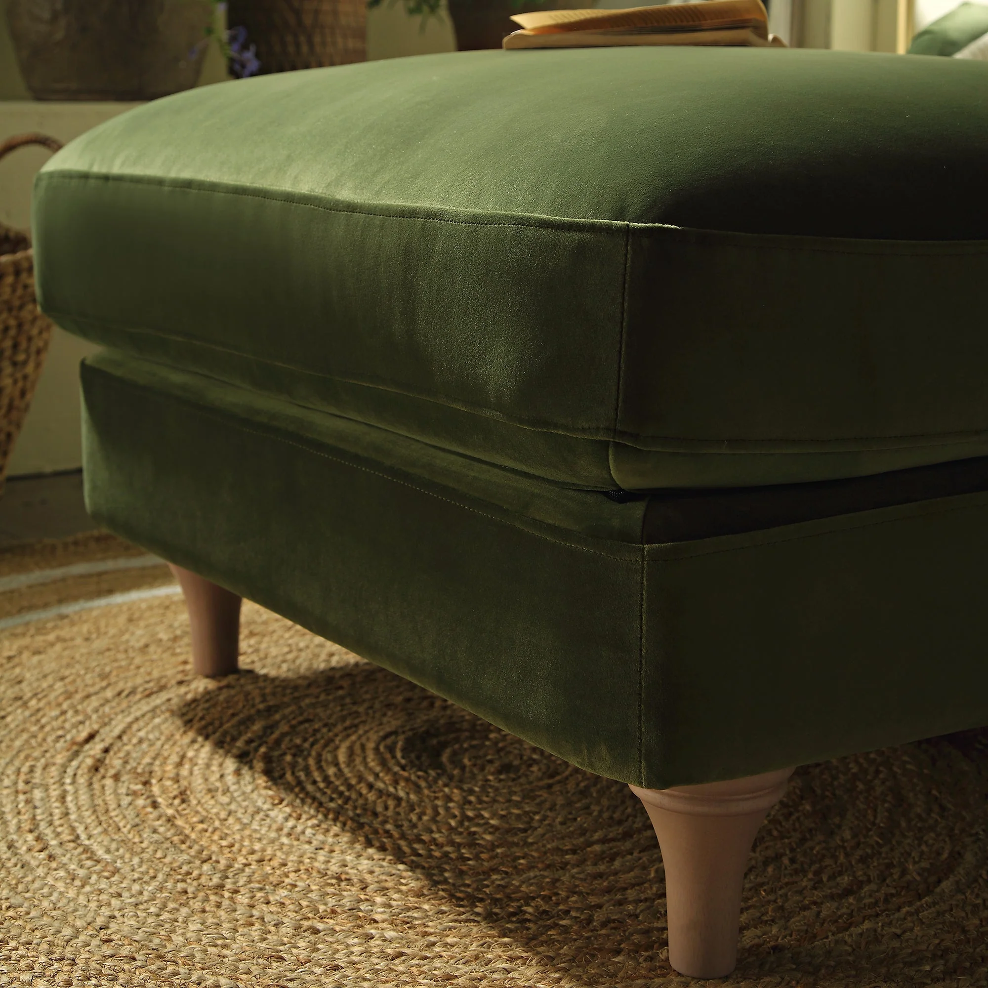 Traditional English Footstool - Fern Green Velvet, Washed Wood Legs, Padded Seat, 31.5