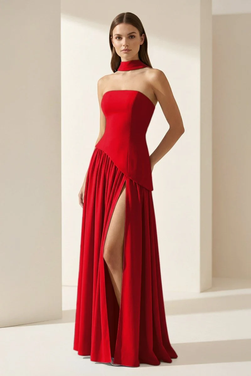 Pink - Strapless Sheath Chiffon Long Prom Dresses With Slit