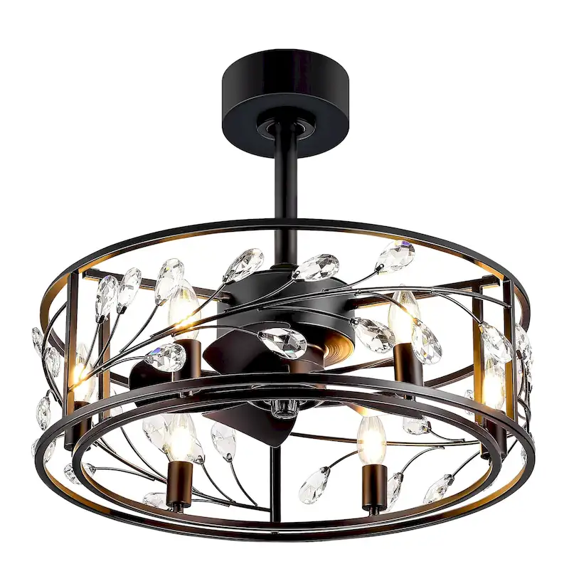 20  Black Caged Ceiling Fan with Crystal Light Kit Remote Control - 20 Inch