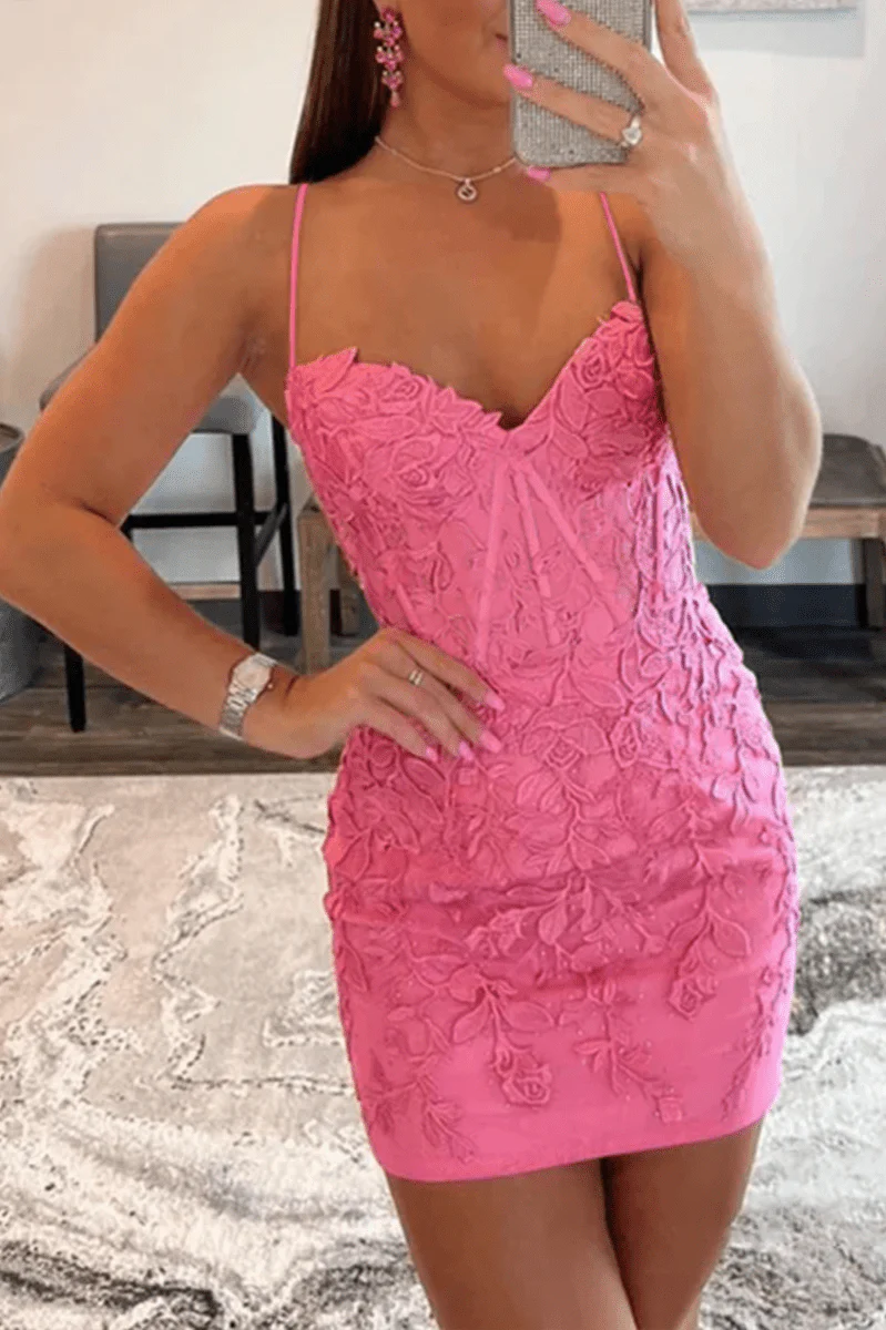 Bodycon Champagne Spaghetti Straps Tight Short Homecoming Dress with Appliques