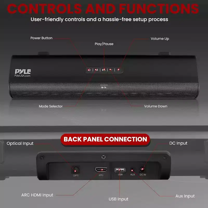 Pyle Wave Base Wireless BT Streaming Tabletop Soundbar - Black - PSBV162 - Includes Remote Control & HDMI (ARC)