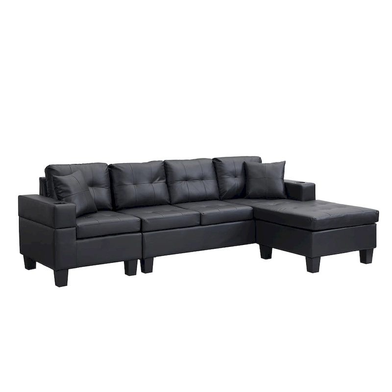 Black 96.06 Modern L-Shaped 4 Seater Sectional Sofa with Chaise Lounge, Cup Holders, and Throw Pillows