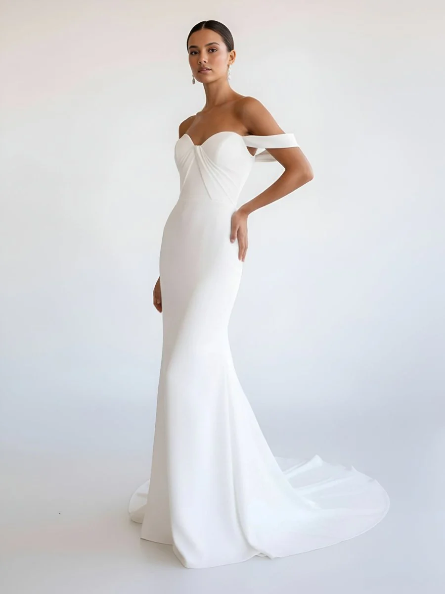 Simple White Mermaid Off-the-Shoulder Boho Wedding Dress