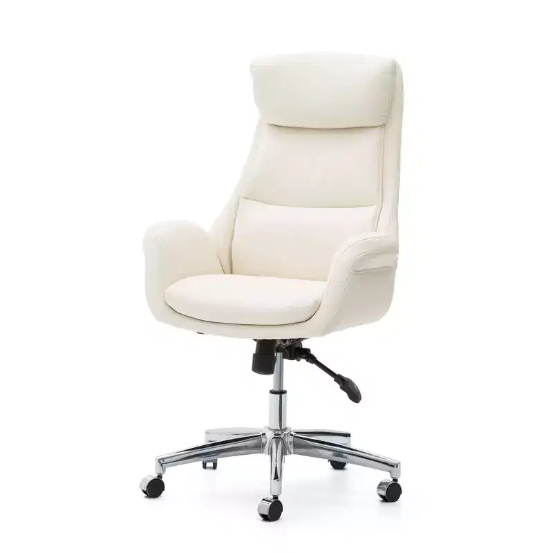 Glitzhome Mid Century Modern Bonded Leather Gaslift Adjustable Swivel Office Chair Cream: Ergonomic, Padded Back, Fixed Arms